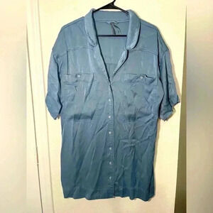 ANTHROPOLOGIE Blue Silk Like Oversized Tunic Short Sleeve Button Down Top Large